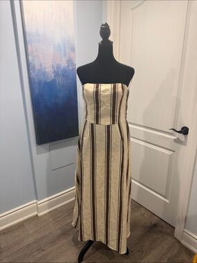 VRG GRL 💯 Linen Dune Striped Strapless Midi Dress.